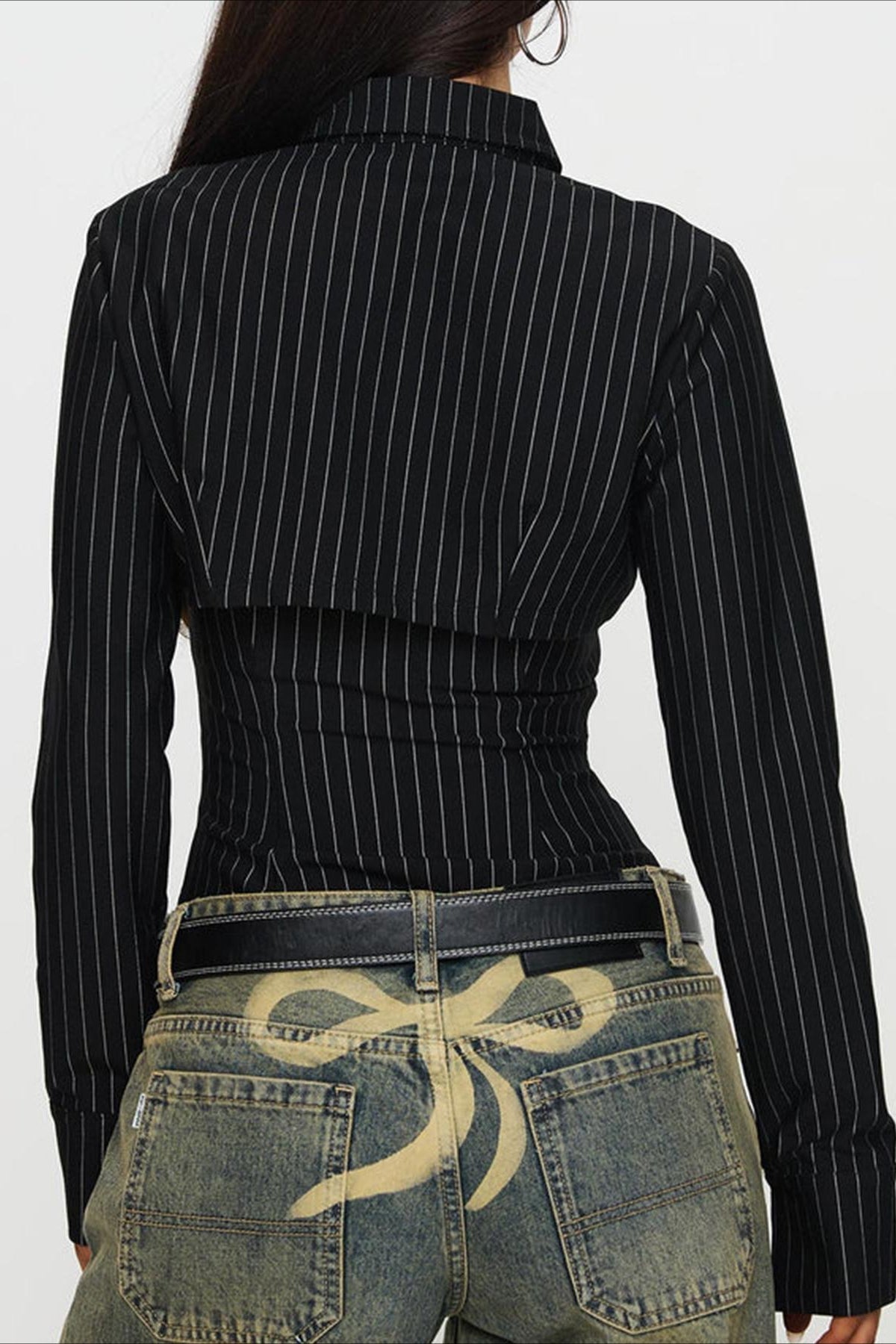 Striped Collared Buttoned Hollow Long Sleeve Blouse