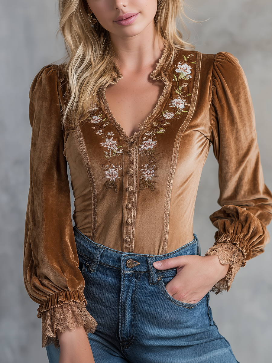 Vintage Embroidered Lace Velvet Blouse - Fashionpara