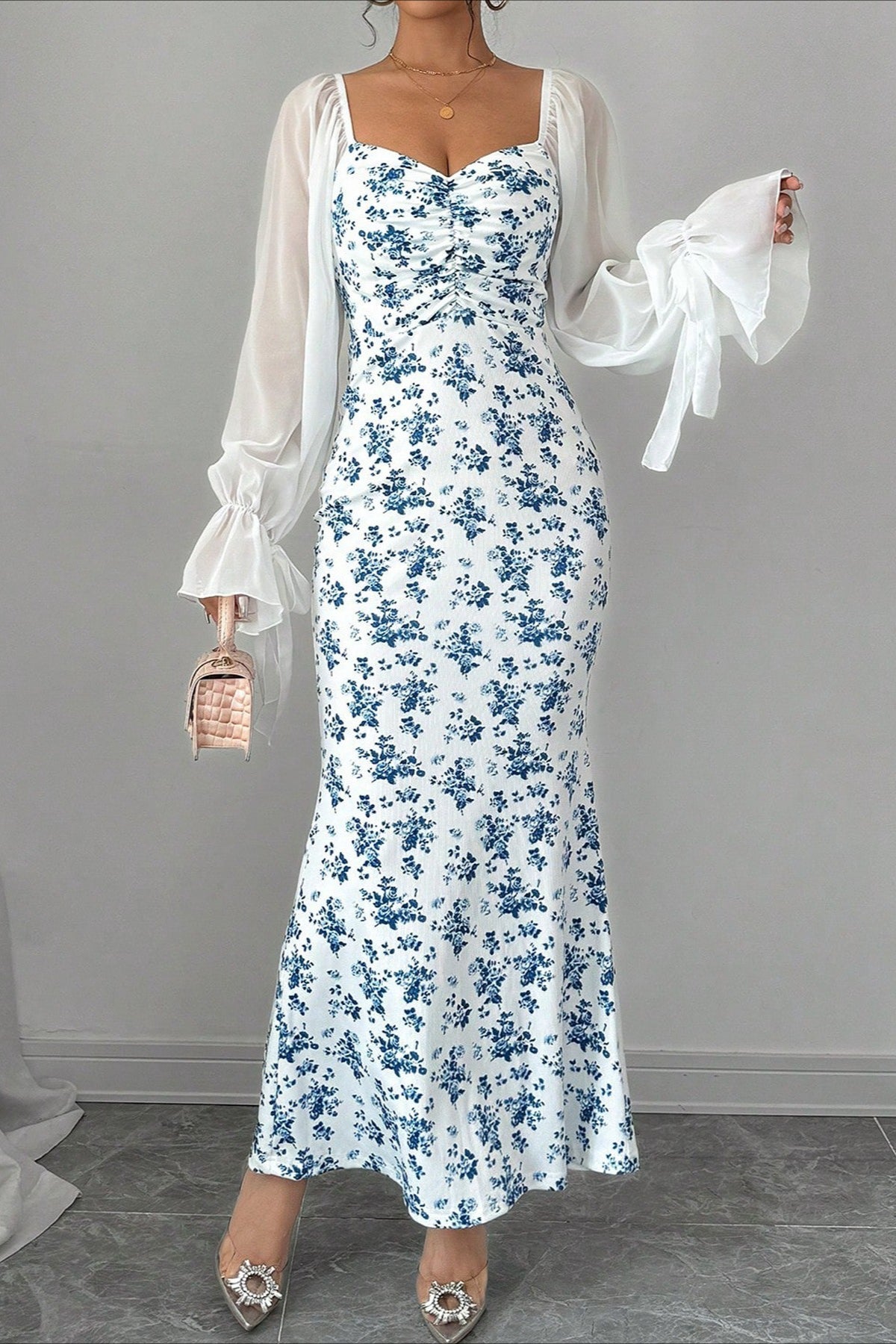 Floral Sweetheart Long Sleeve Ruched Mermaid Maxi Dress