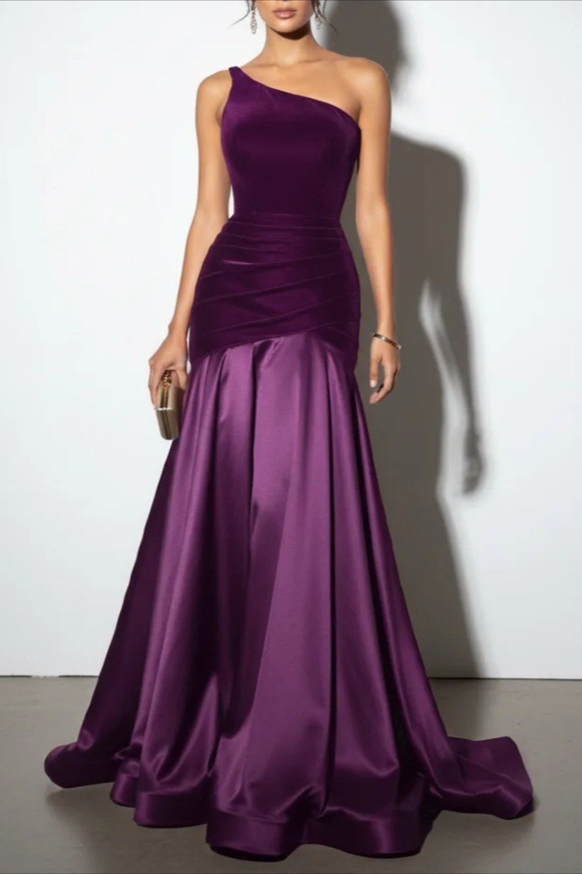 One-Shoulder Velvet Ruched Satin Mermaid Gown