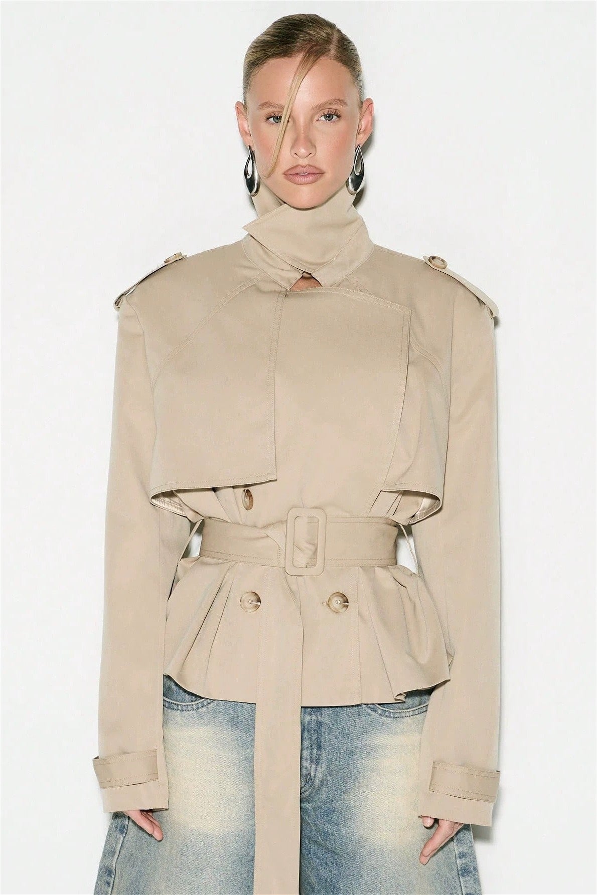 Cape Overlay Belted Short Trench Coat