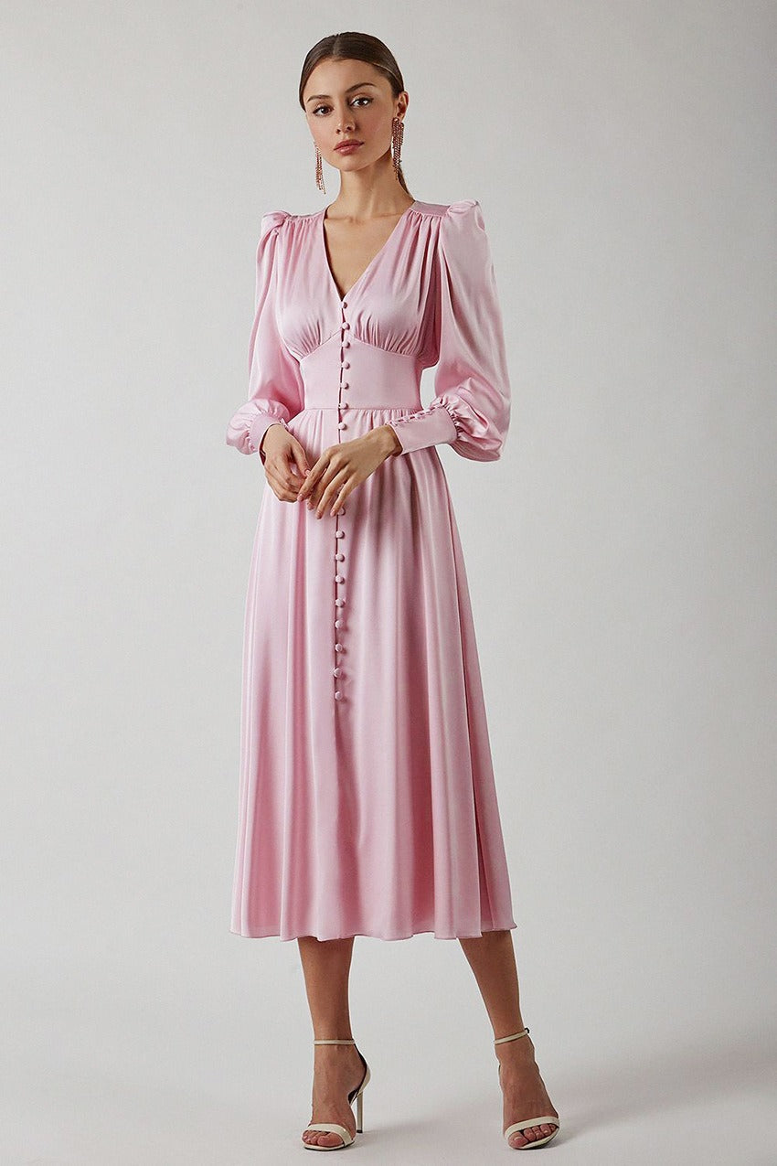 Vintage Satin Puff Sleeve Tailored Midi Dress