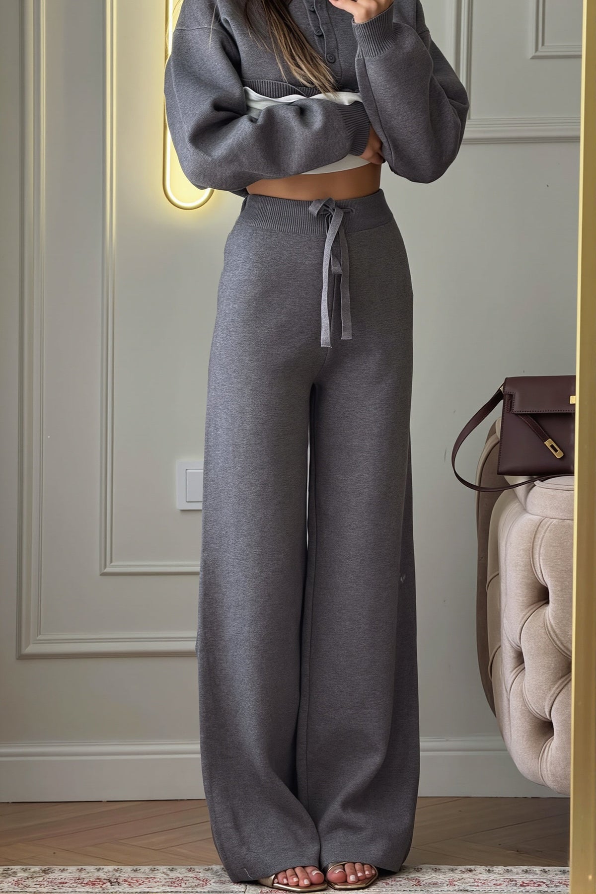 Knit Polo Pullover and Wide Leg Pants Set