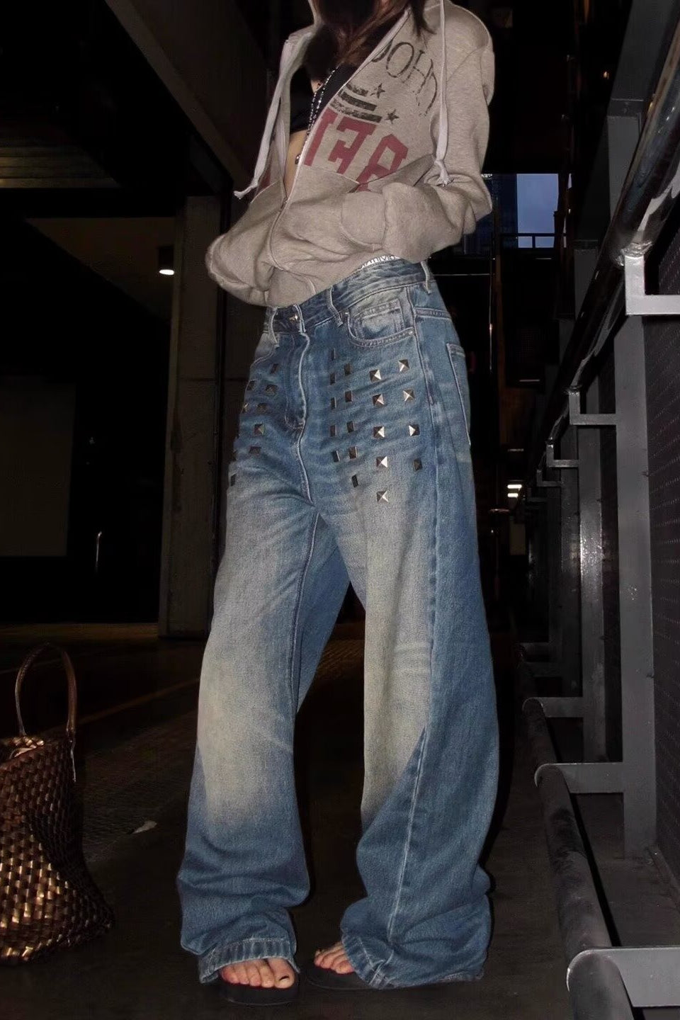 Rhinestone Loose Fit Wide Leg Jeans
