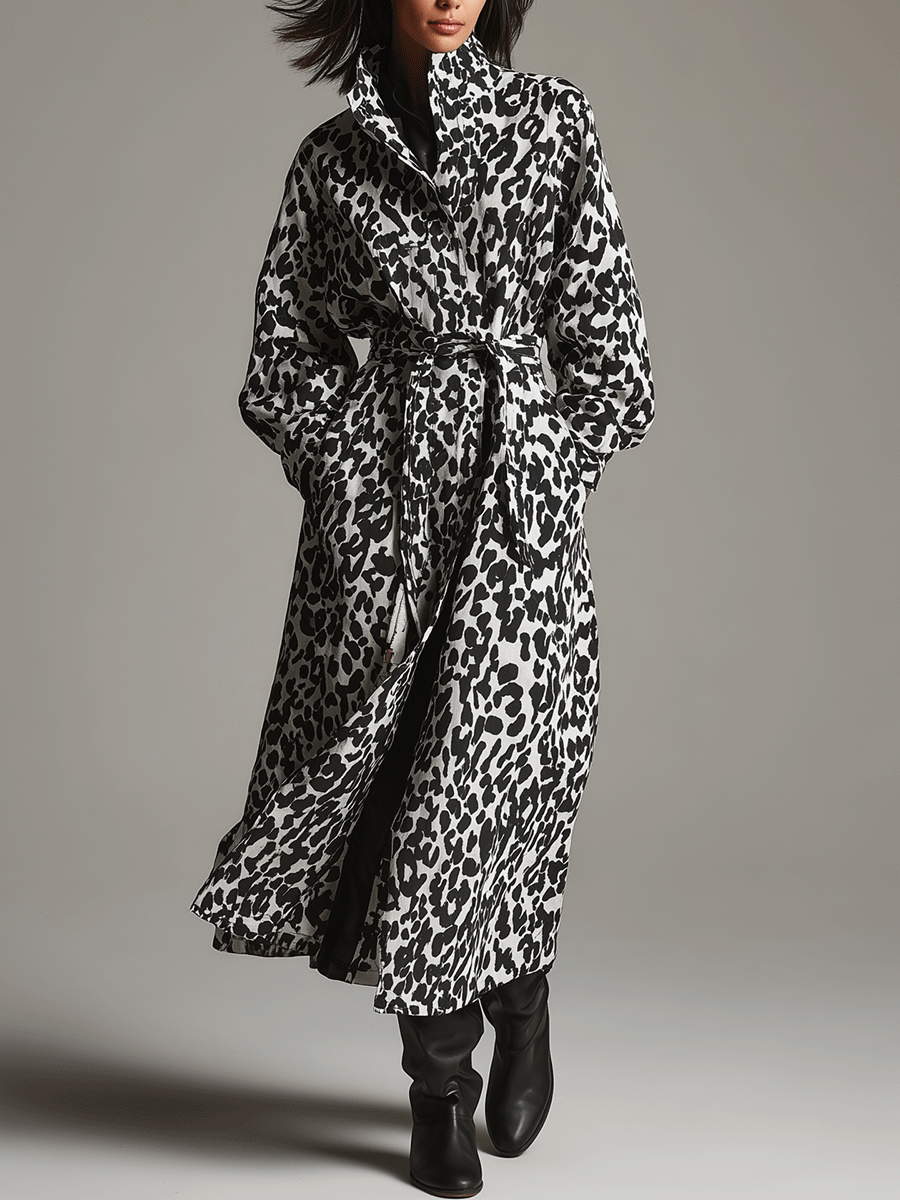 Abstract Pattern Black & White Wool Maxi Coat - Fashionpara