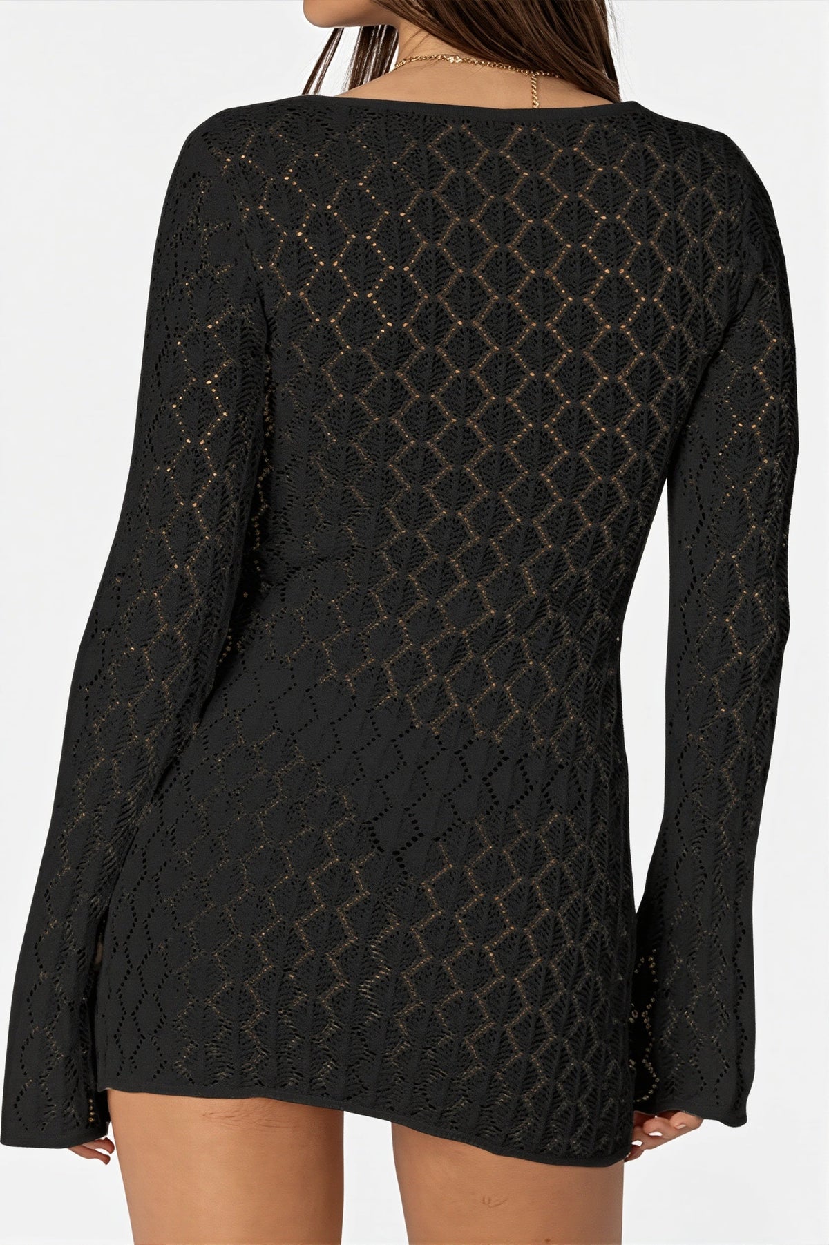 Crochet Knit Long Sleeve Keyhole Cover Up Mini Dress
