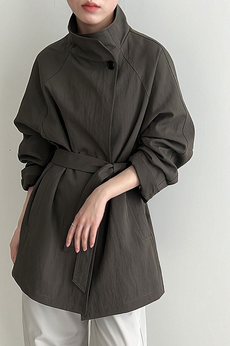 Sophisticated British-Style Mid-Length Stand-Collar Trench Coat
