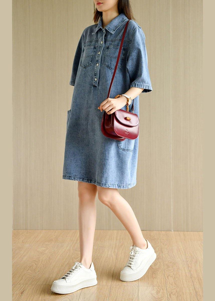 Denim Collared Button Front Patch Pocket Short Sleeve Shift Mini Dress - View 3