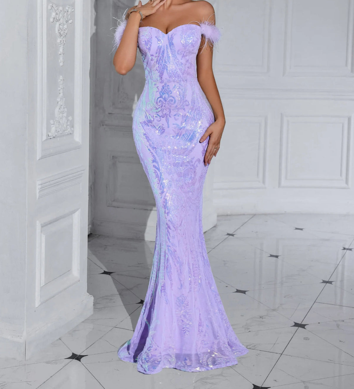 Sequin Off Shoulder Feather Trim Mermaid Gown