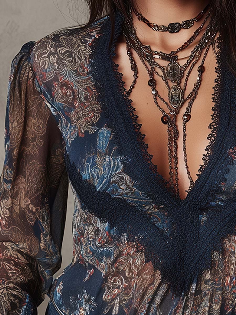 Boho Vintage Floral Blouse Sheer Lace Shirt - Fashionpara