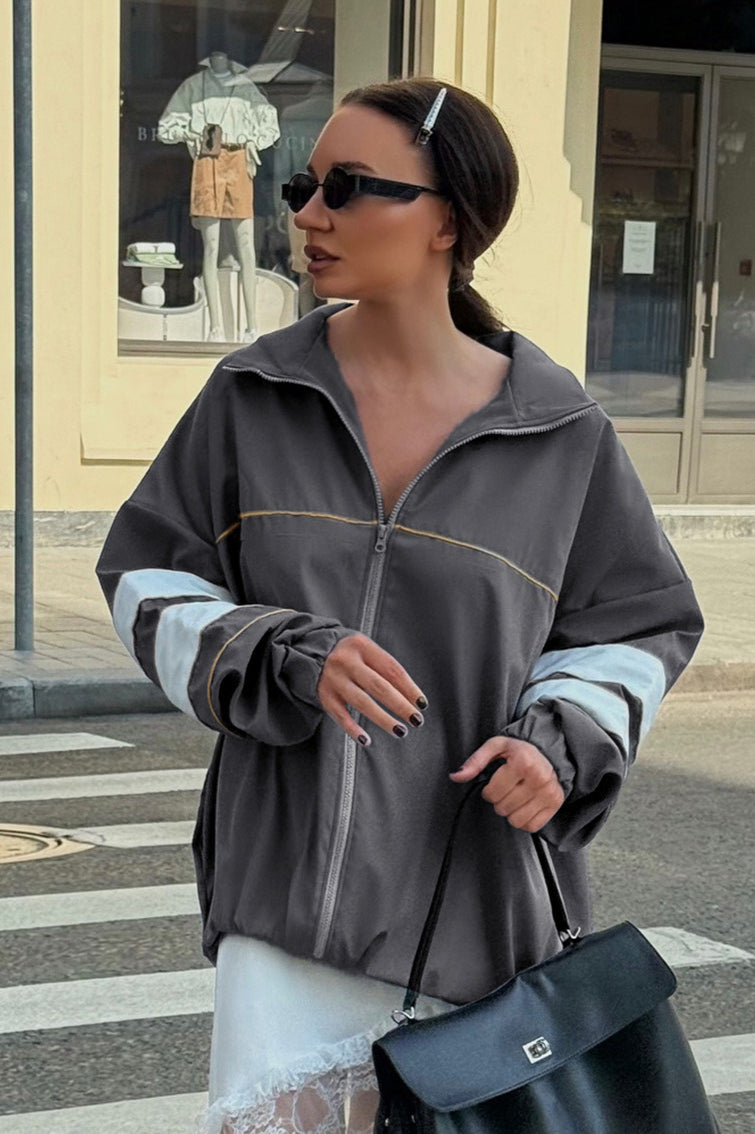 Color Block Designer Mandarin Collar Coat for Elegant Style