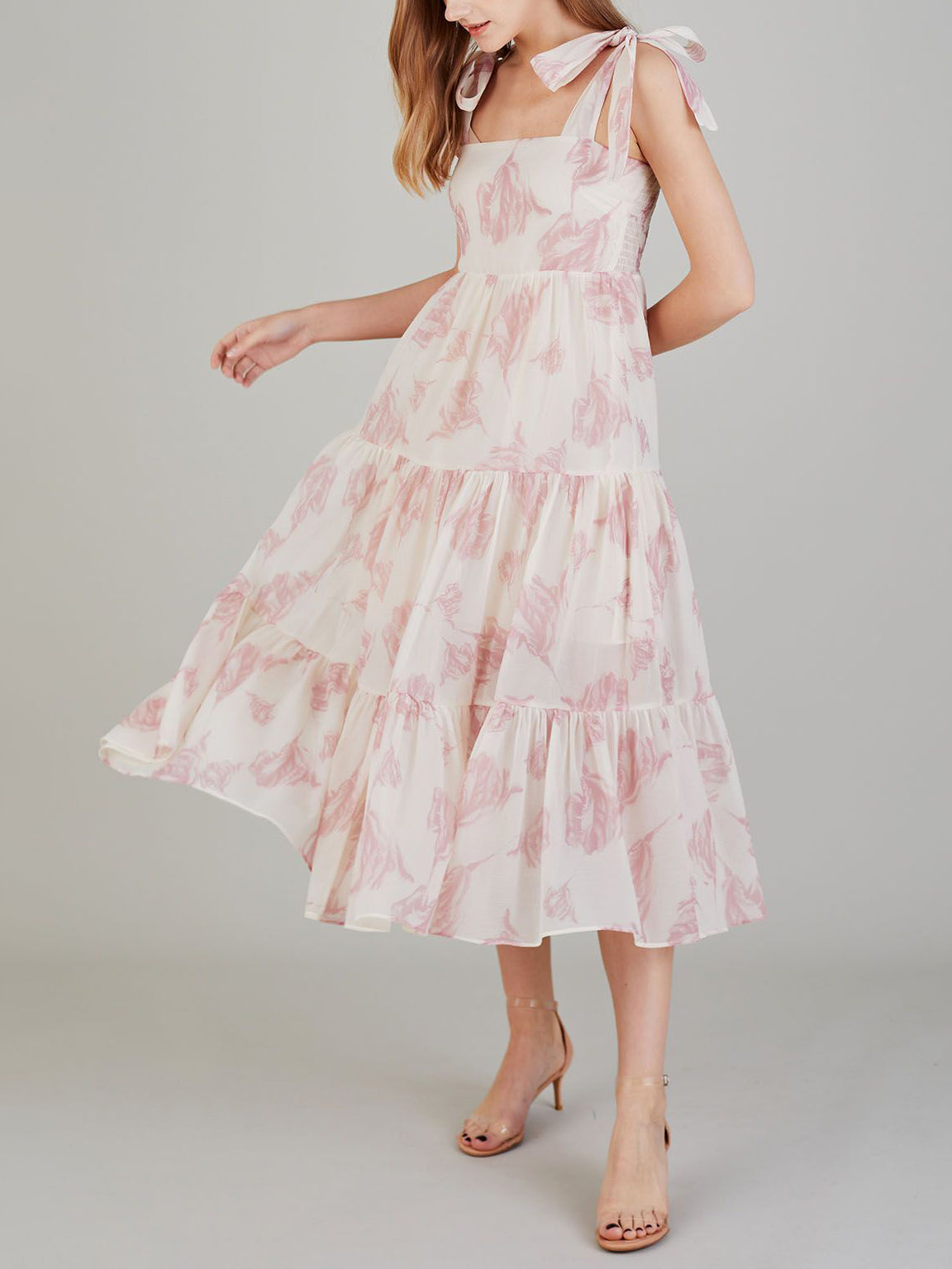 Unique Retro Sunshine Floral Print Lace-up Midi Dress - Fashionpara