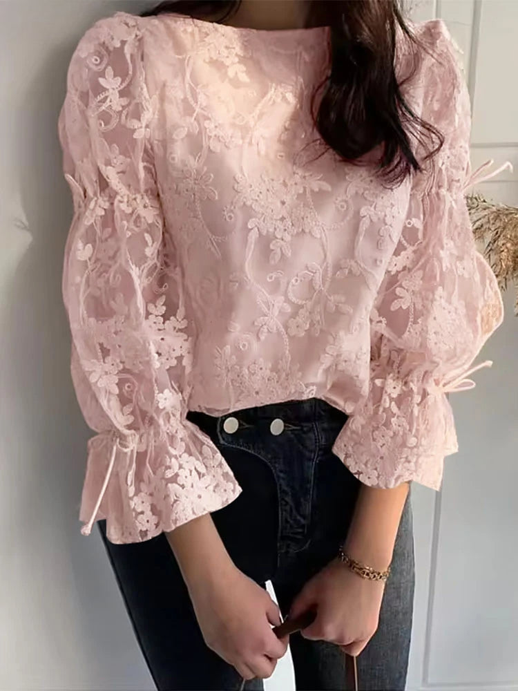 Lace Embroidery Puff Sleeve Blouse