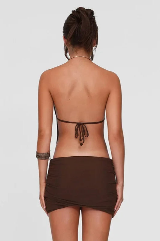 Halter Neck Ruched Cut-Out Bodycon Mini Dress