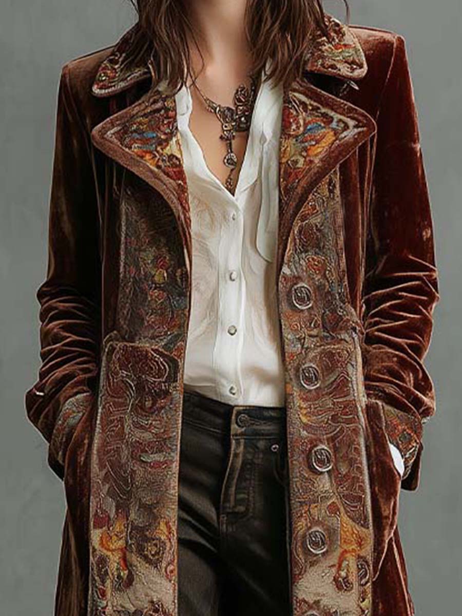 Velvet Paisley Trim Maxi Coat - Fashionpara
