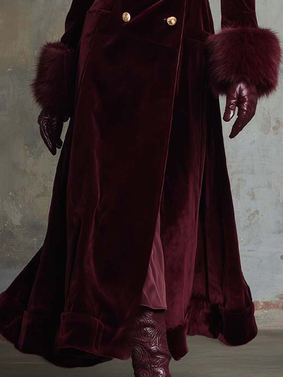 Velvet Long Coat With Faux Fur Collar & Cuffs – Burgundy Wine