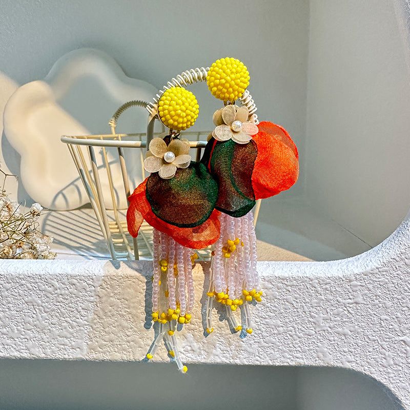 Handmade Fabric Rice Bead Tassel Earrings