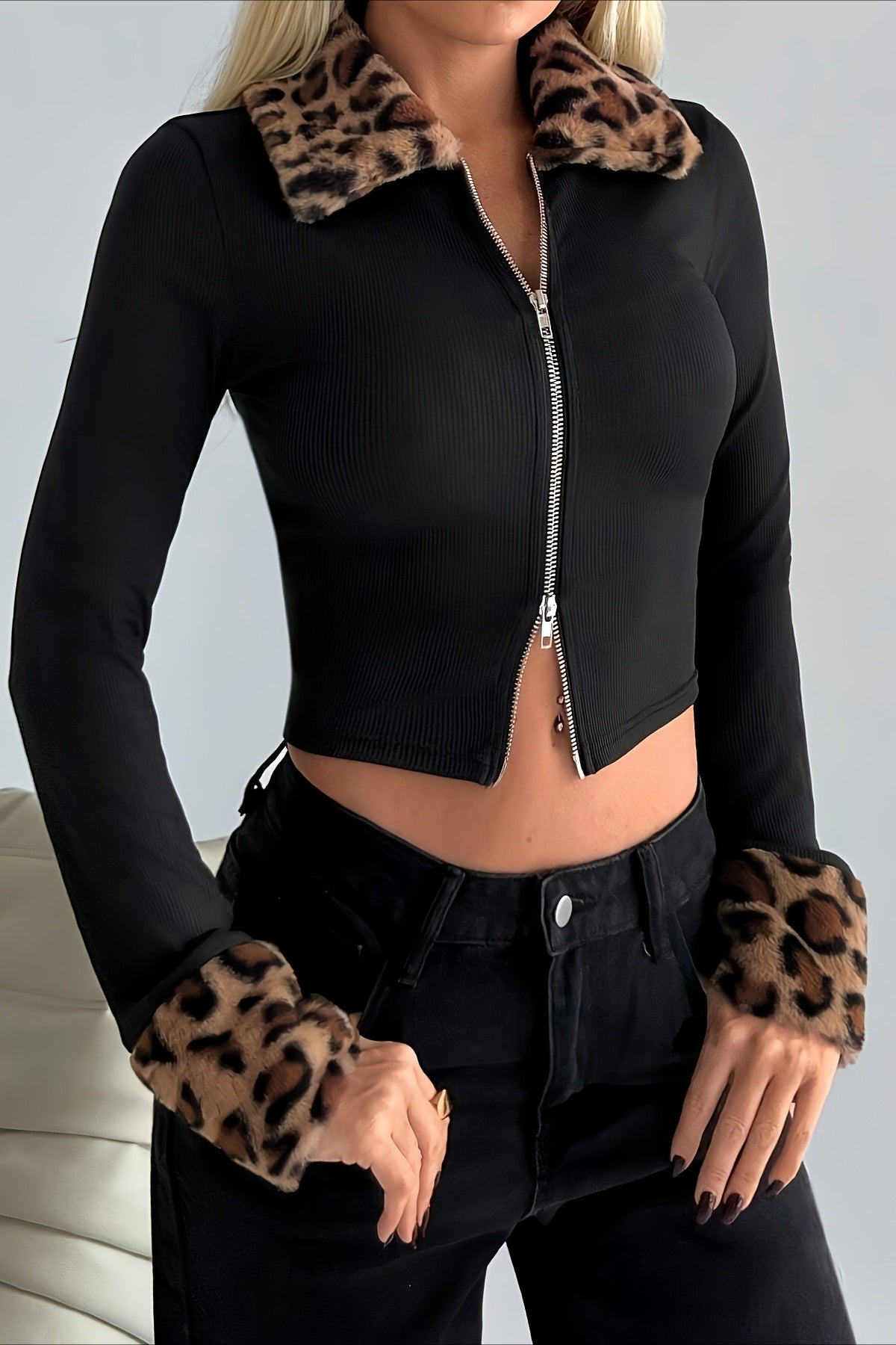 Fur Collar Leopard Print Double Zipper Knit Coat for Elegance