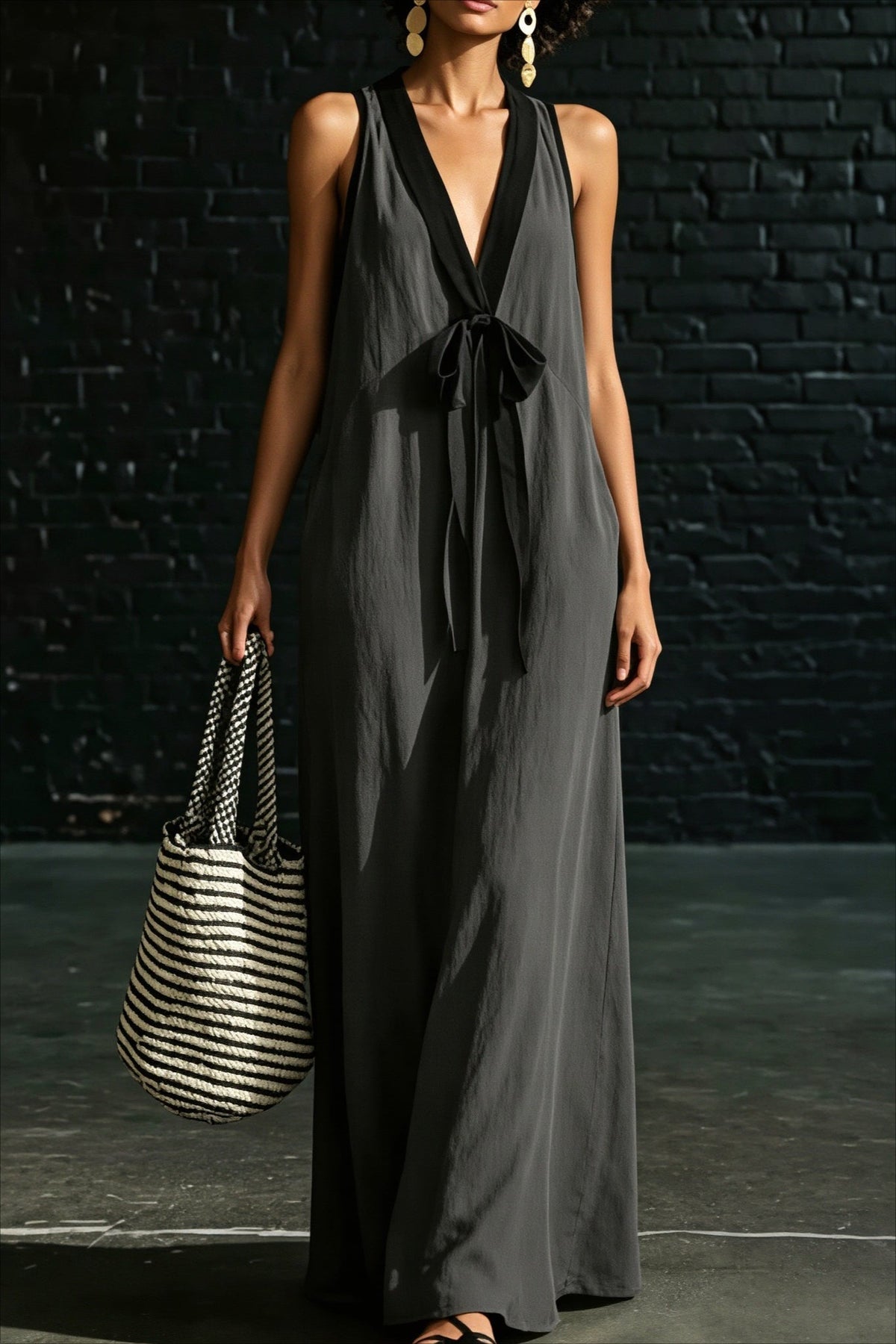 Linen Deep V-Neck Contrast Tie Flowy Maxi Dress