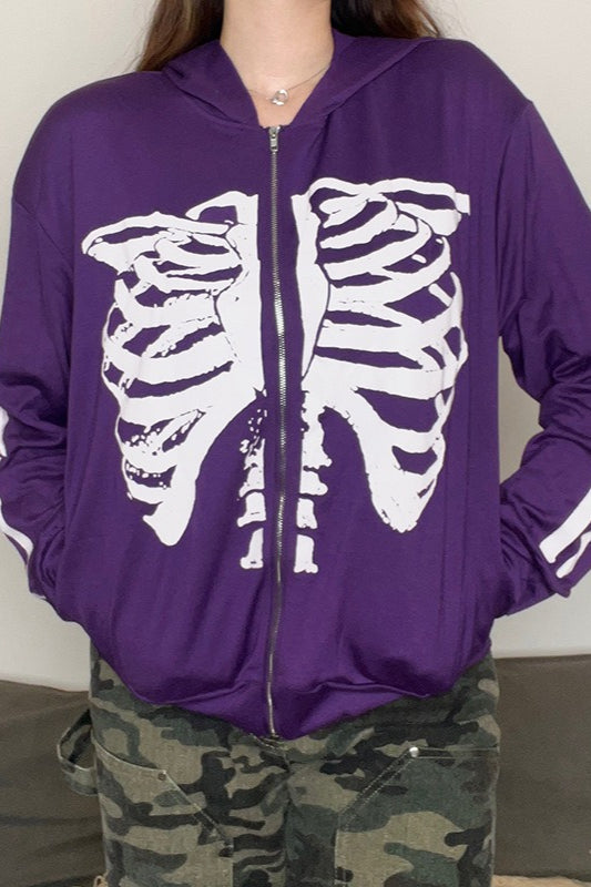 Street Style Skeleton Print Zipper Hoodie