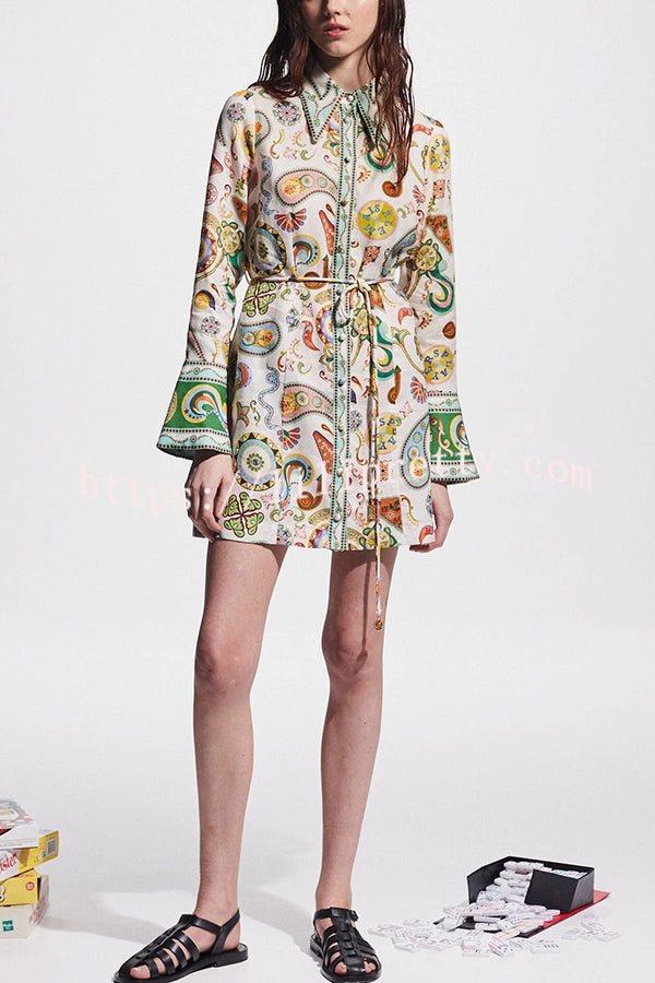 Mila Linen Blend Unique Print Shaped Collar Tie-up Waist Shirt Mini Dress - Fashionpara
