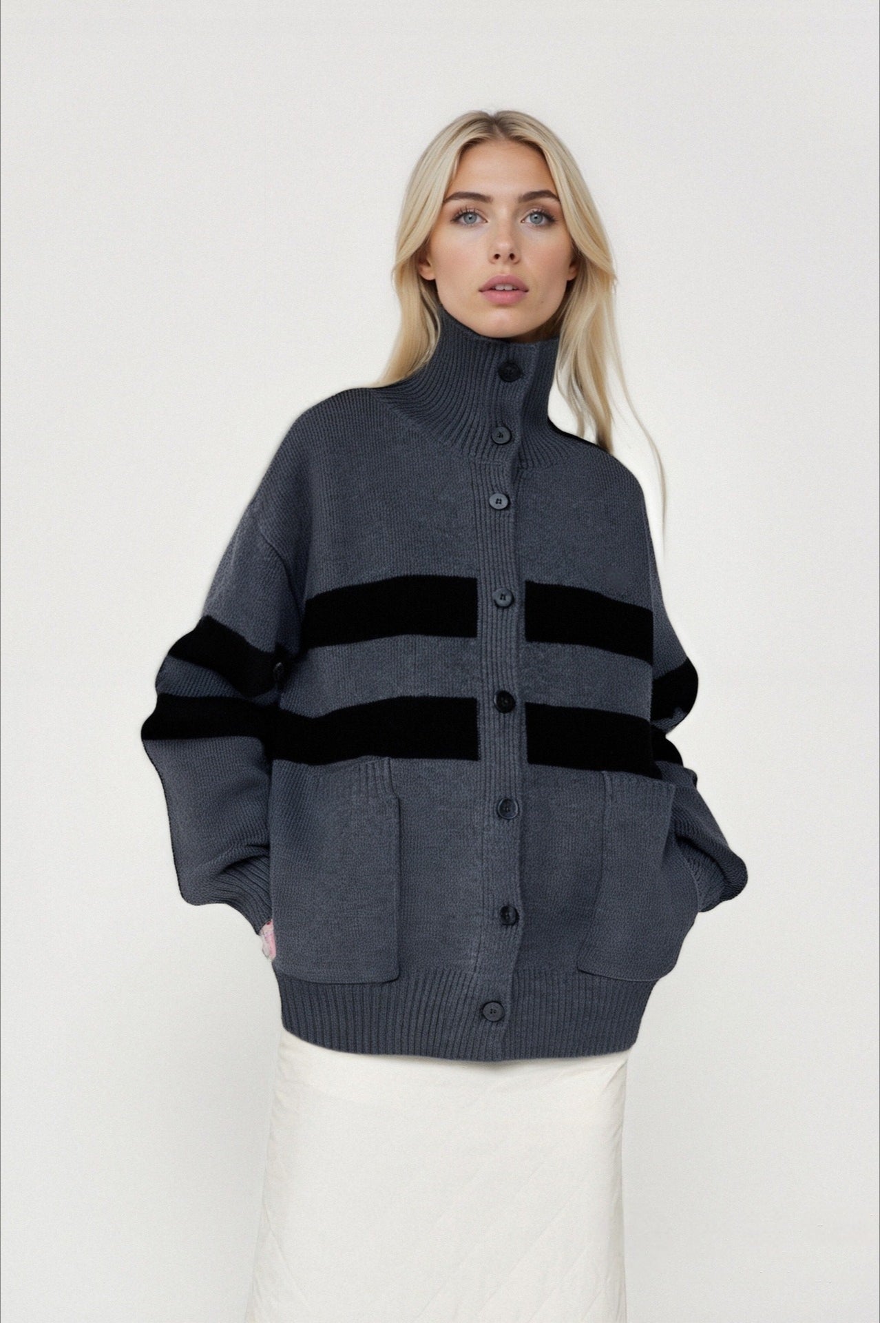 Color Block Stripe Plus Size Knit Turtleneck Cardigan