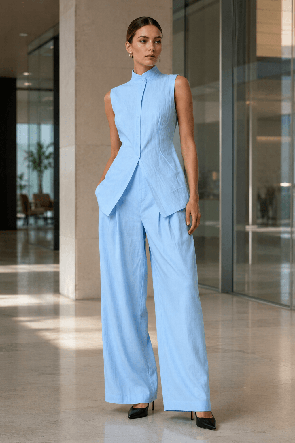 Drape Sleeveless Shirt Two Piece Work Set
