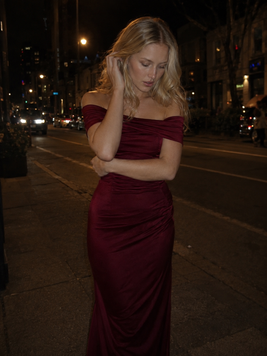 Off Shoulder Ruched Satin Column Mermaid Gown