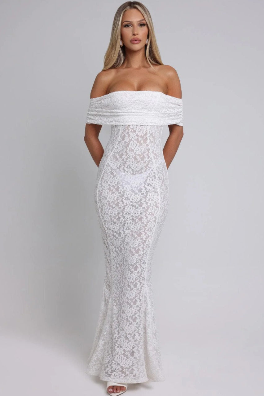 Sheer Floral Lace Off-Shoulder Mermaid Maxi Gown