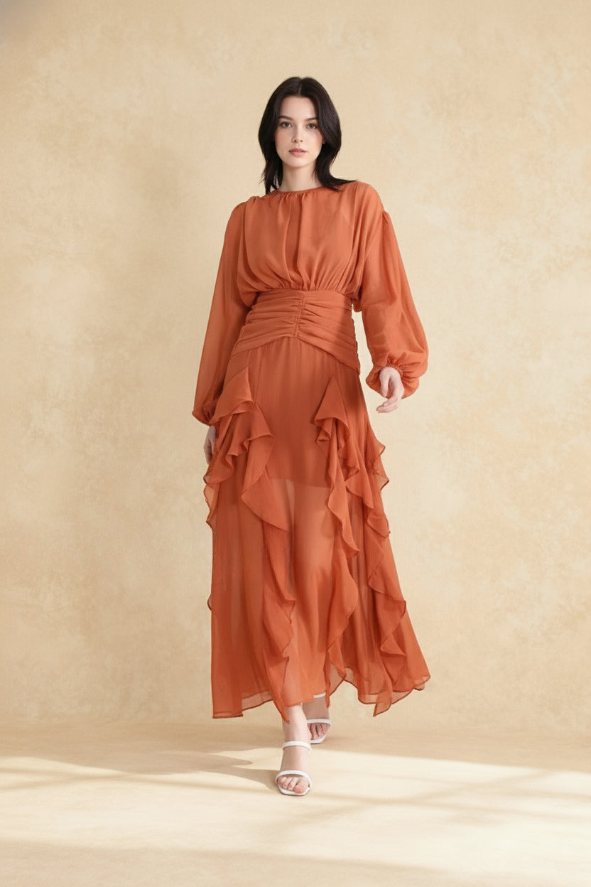 Chiffon Crew-Neck Long Sleeve Ruffle Maxi Dress