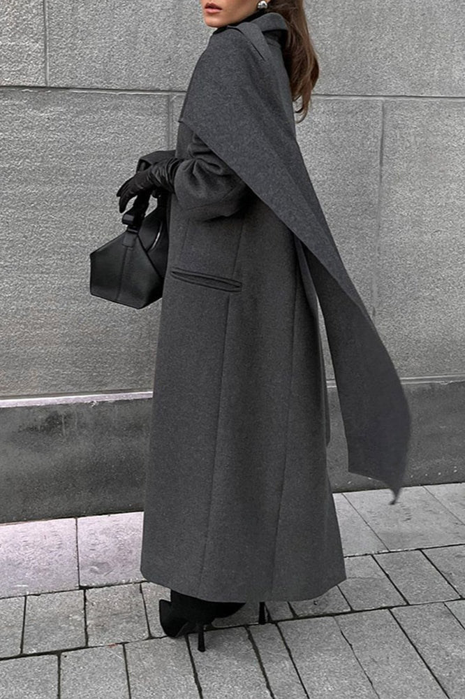 Extra-Long Woolen Overcoat with Scarf Collar for Elegance