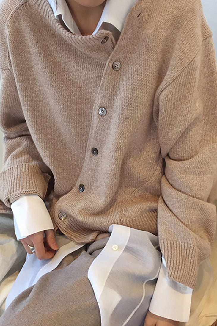 Chic Asymmetrical Button Round Neck Knit Sweater for Style