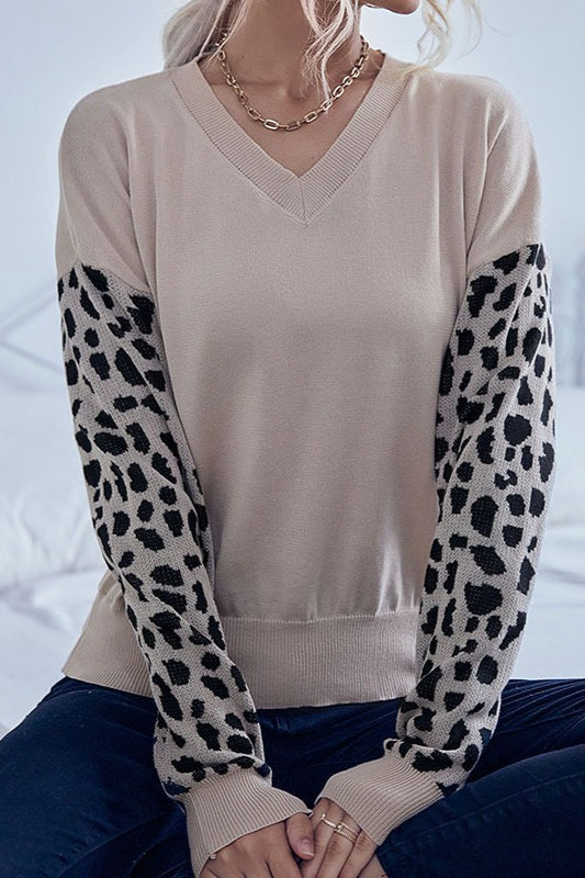 PrincessAce Knit V-Neck Leopard Panel Sweater for Elegance
