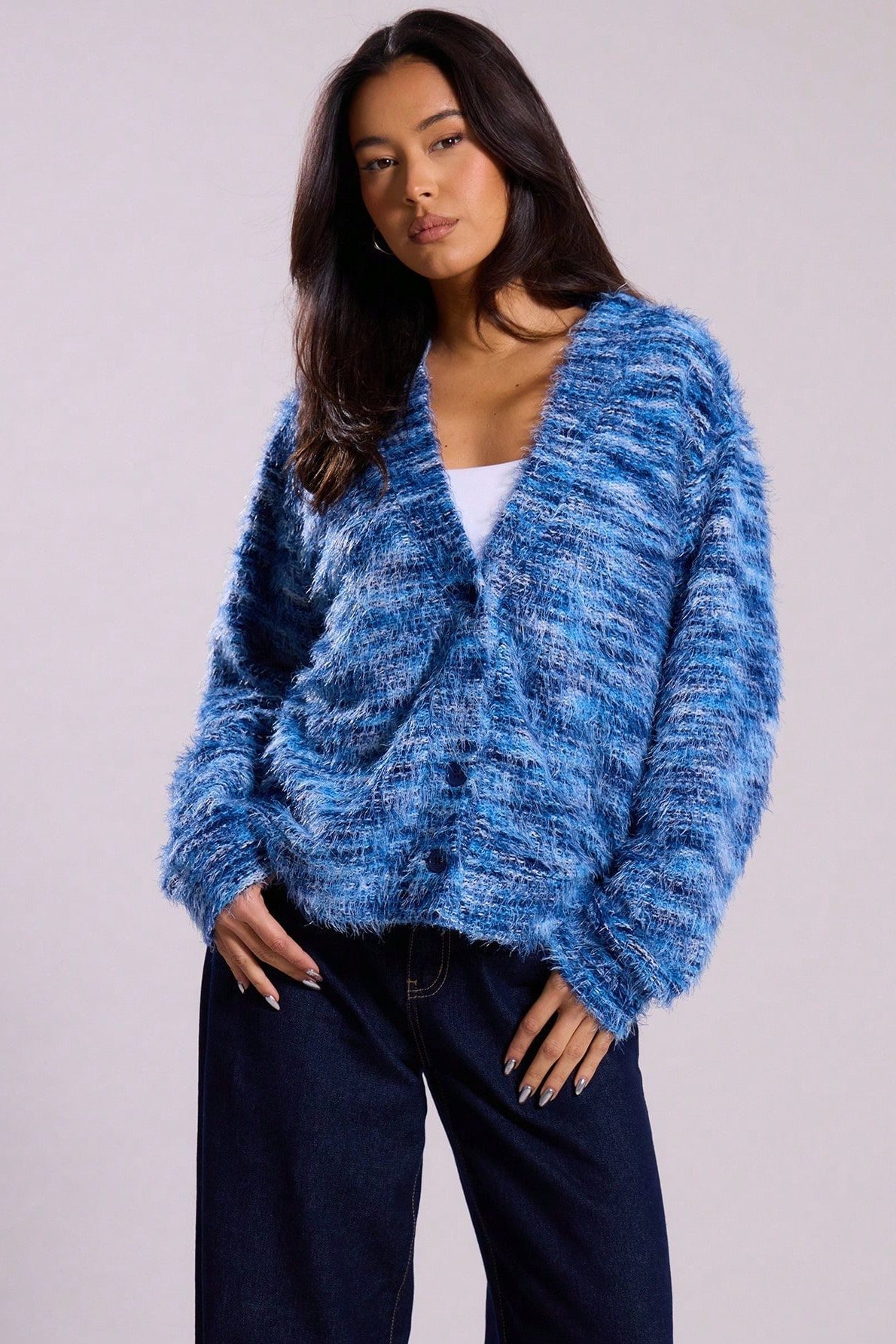 Deep V-Neck Plush Knit Cardigan for Retro Fashion Lovers