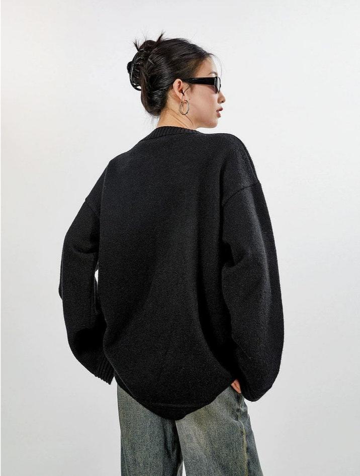 Ribbed Trim Oversized Button Zip Knit Cardigan