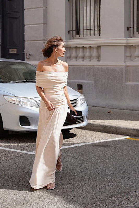 Off Shoulder Ruched Pleated Fishtail Maxi Dress 4