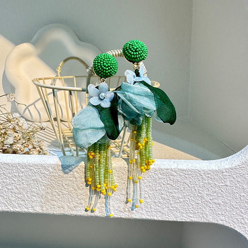 Handmade Fabric Rice Bead Tassel Earrings