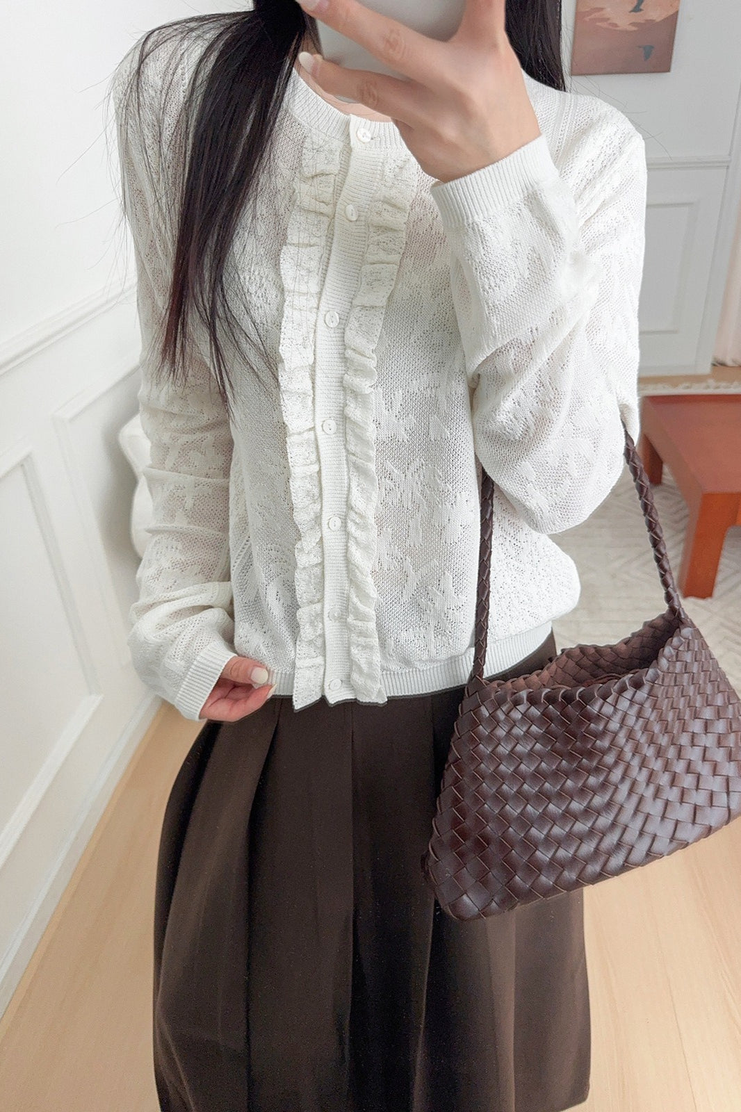 Soft-Style Stand-Collar Lace Cutout Cardigan for Elegant Wear