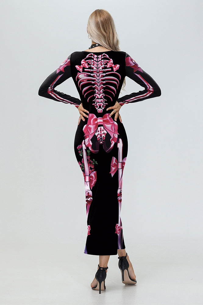 Halloween Skeleton Print Long Sleeve Maxi Dress