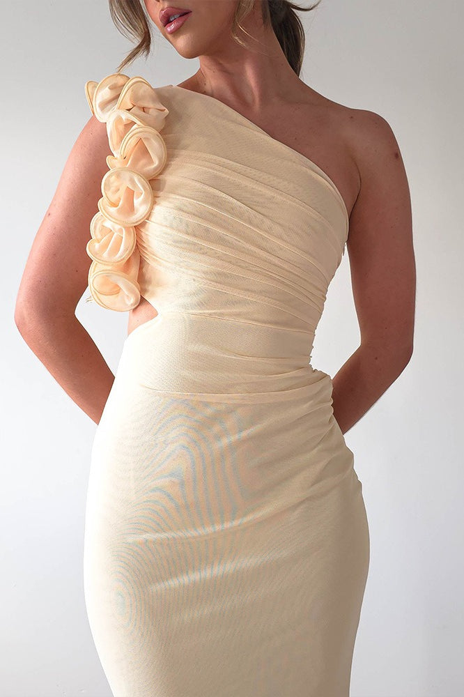 One-Shoulder Ruffle Cutout Mesh Bodycon Maxi Dress