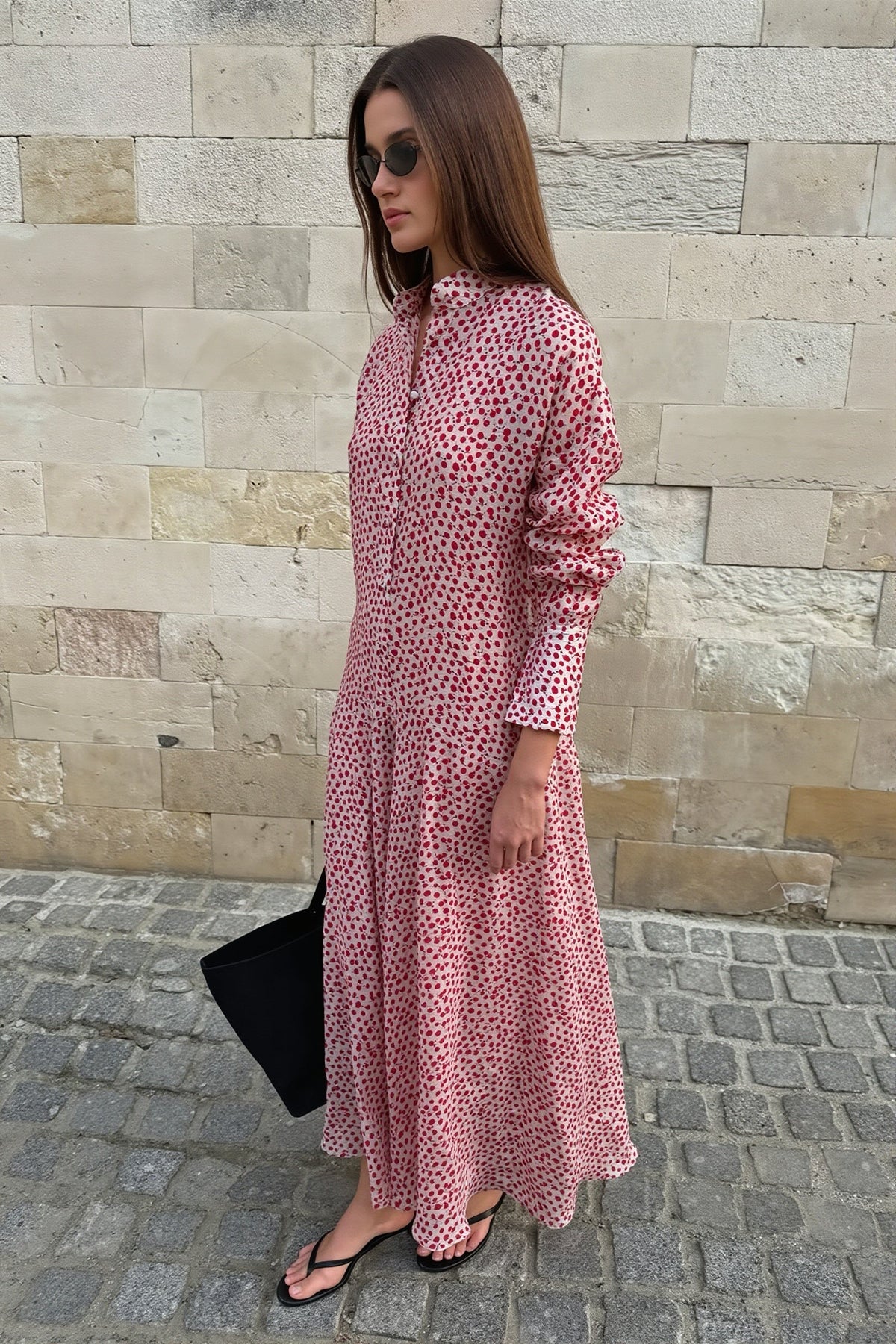 Spot Print Long Sleeve Tiered Shirt Maxi Dress