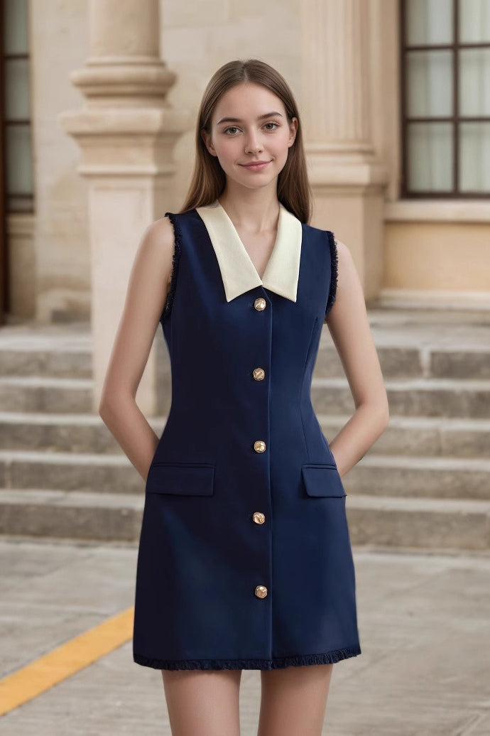 Sleeveless Contrast Collar Work Dress