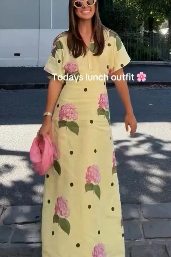 Jasmine Linen Blend Floral Polka Dot Wide Sleeve Shirt Maxi Dress - Fashionpara