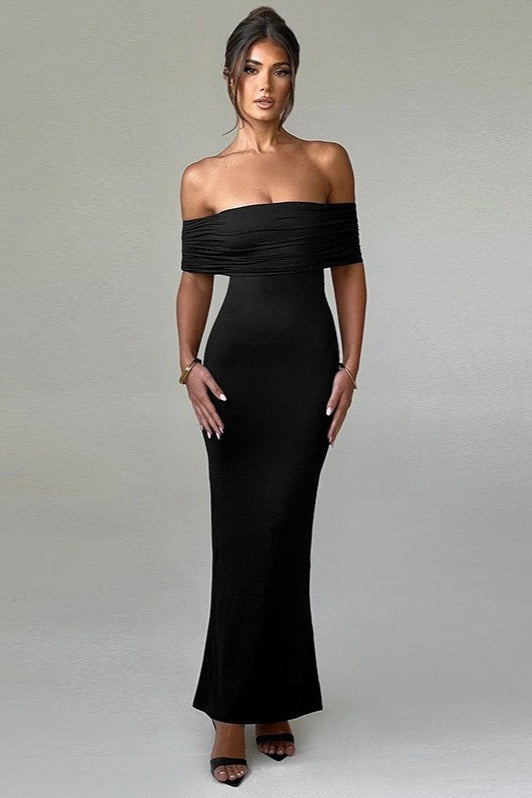 Sexy Off Shoulder Backless Bodycon Ruched Solid Formal Dress