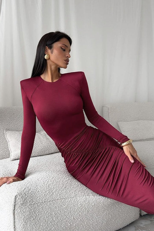Ruched Long Sleeve Crew Neck Bodycon Maxi Dress