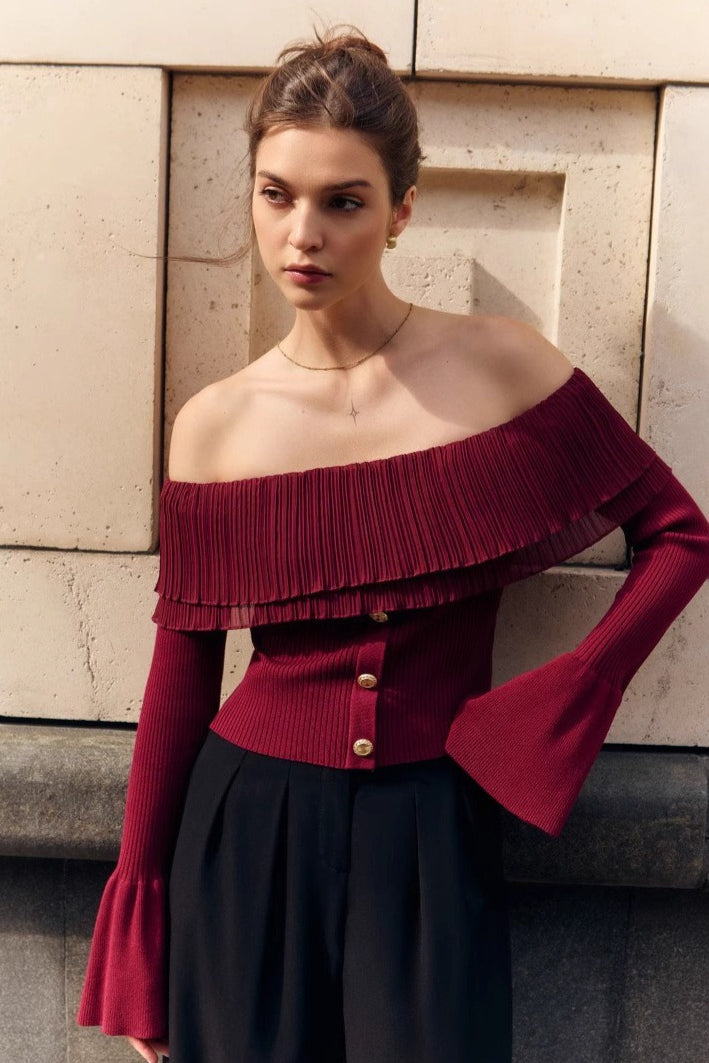 Off Shoulder Buttoned Knit Sweater