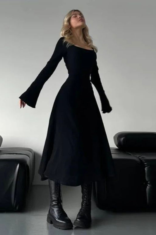 Elegant Fitted Long Sleeve Square Neck A-Line Party Dress