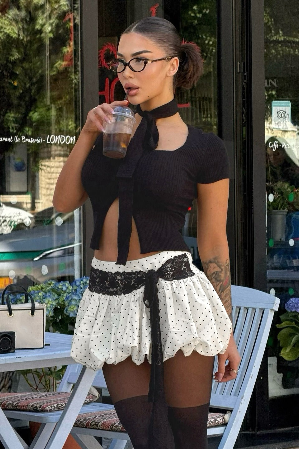 Lace Trim Polka Dot Low Waist Skirt - Fashionpara