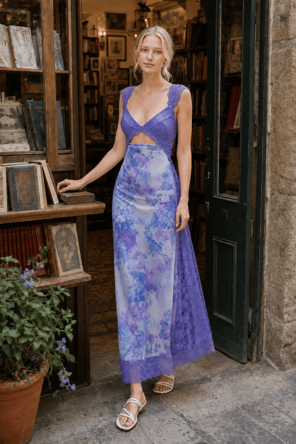 Floral Lace-Trim V-Neck Cut-Out Satin Maxi Dress