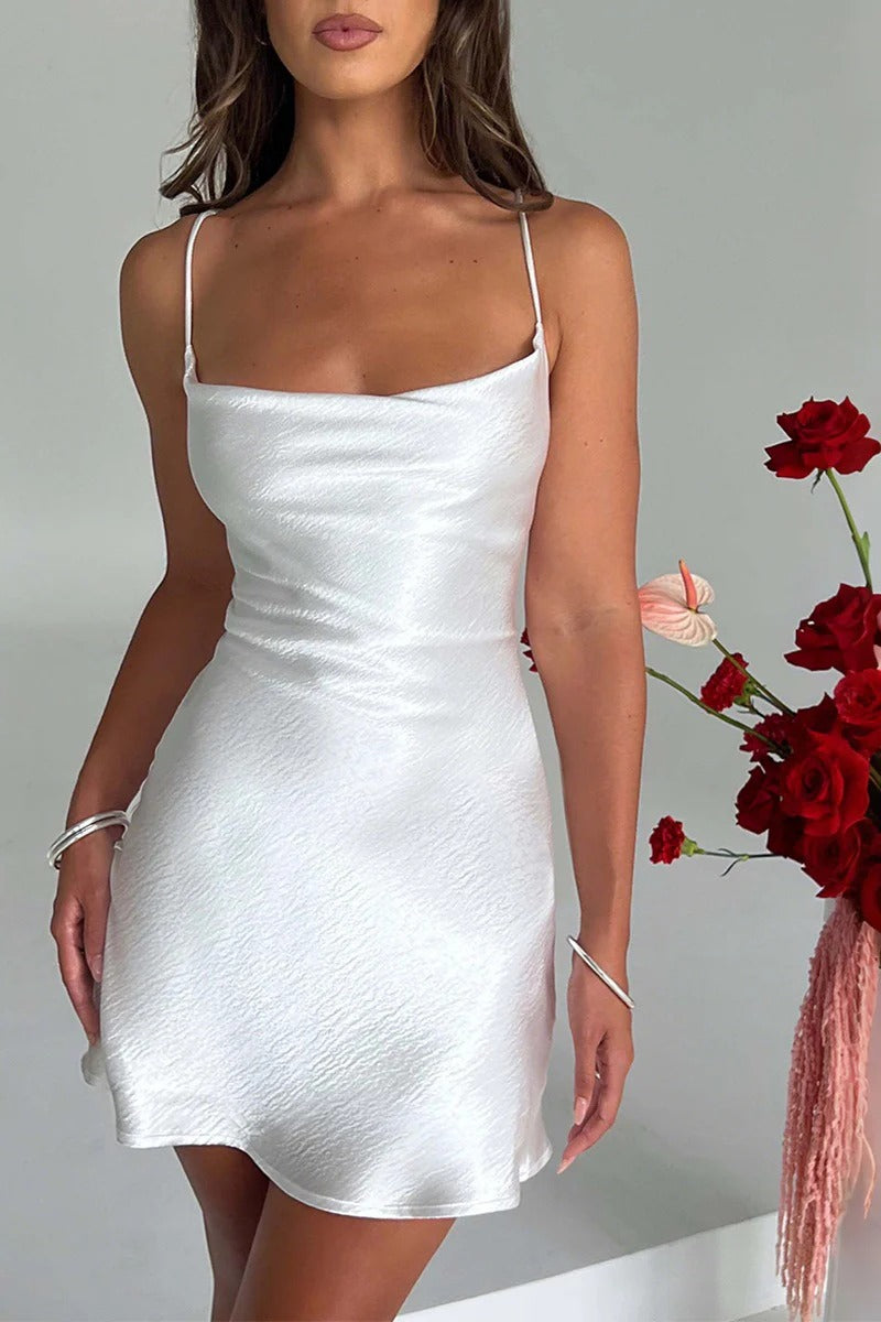 Satin Spaghetti Strap Cowl Neck Backless Bodycon Mini Dress